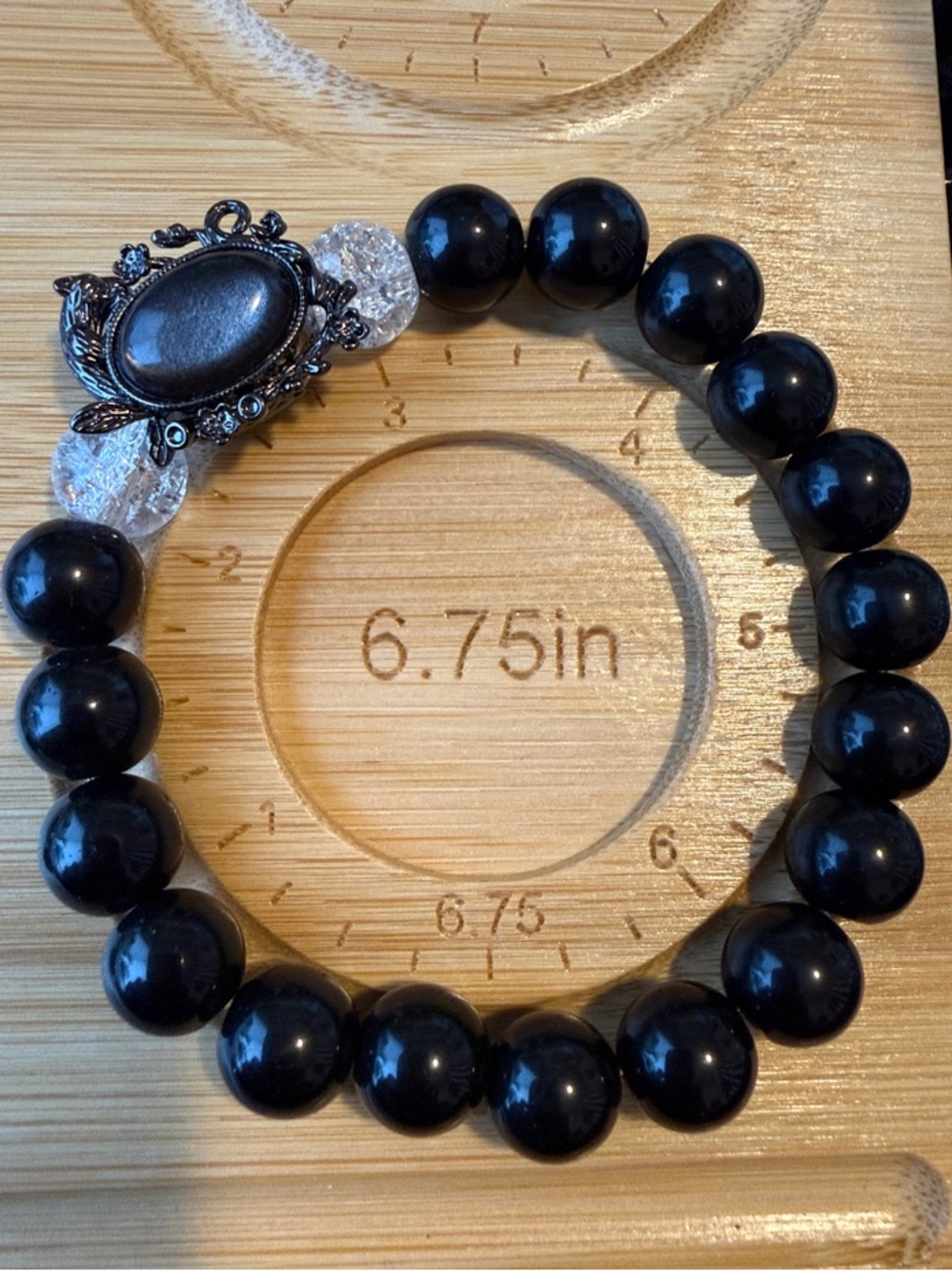 Black Onyx Stone Beaded Stretch Bracelet with Black Obsidian Decorative Accent
